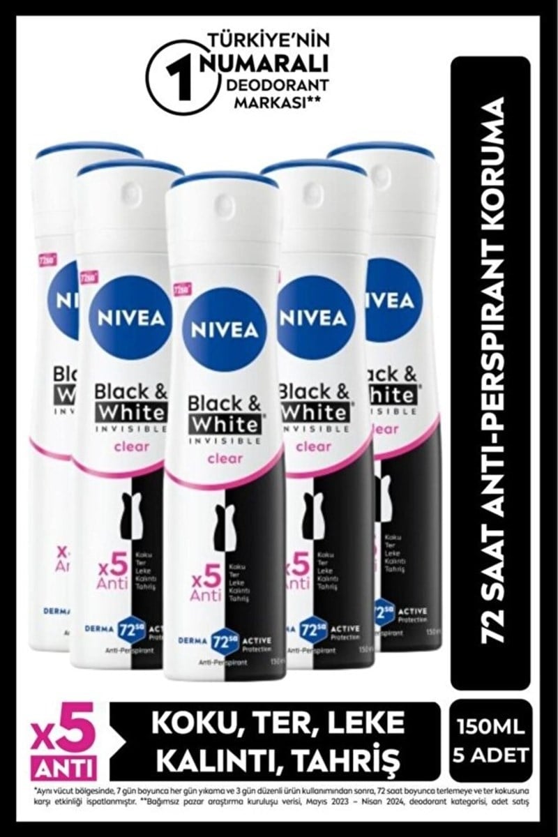 NIVEA Kadın Sprey Deodorant Black&white Invisible Clear 150ml, 48 Saat x5 Adet