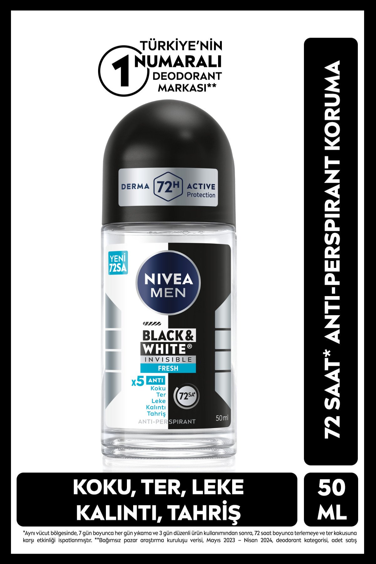 Nıvea Men Erkek Roll-on Deodorant Black&White Invisible Fresh 50ml, 72 Saat Anti-perspirant Ter Koruması