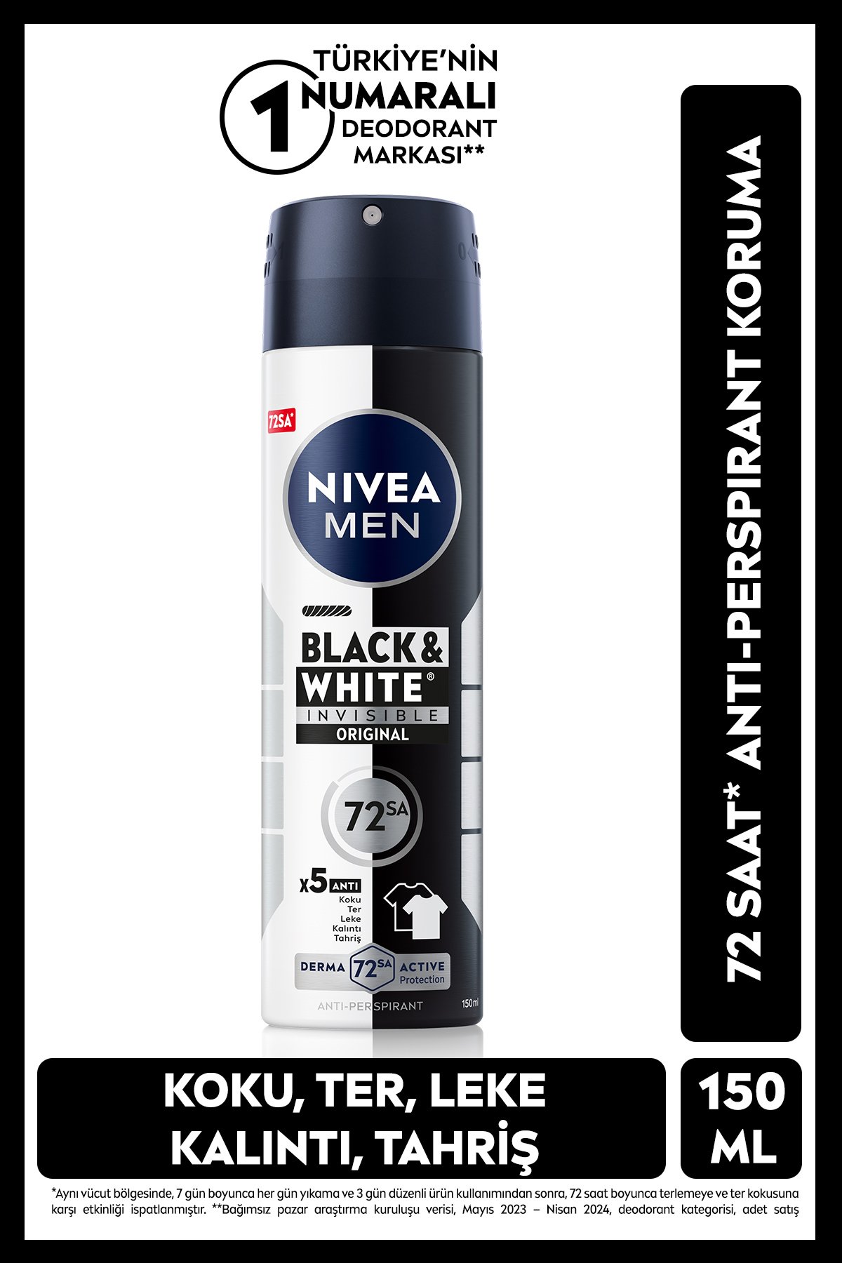 Nıvea Men Erkek Sprey Deodorant Black&White Invisible Original 150ml, 72 Saat Anti-perspirant Ter Koruması