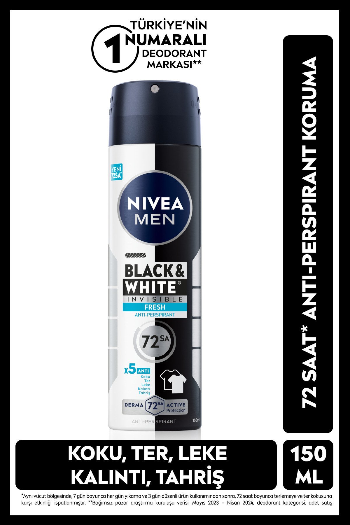 Nıvea Men Erkek Sprey Deodorant Black&white Invisible Fresh 150ml, 72 Saat Anti-perspirant Ter Koruması