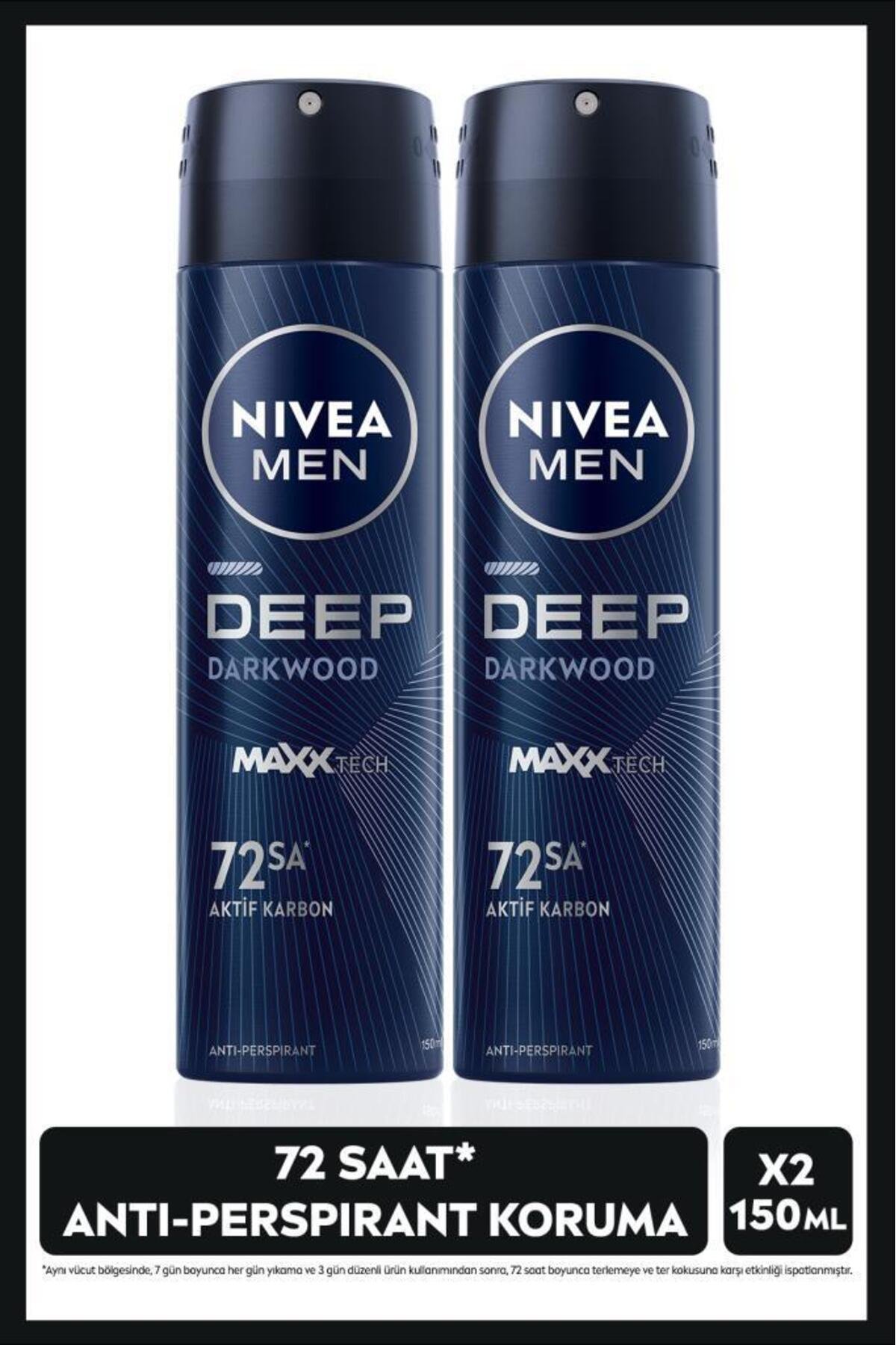 NIVEA MEN Erkek Sprey Deodorant Deep Dimension Aktif Karbon 150ml, 72 Saat Anti-perspirant Koruma, X2 Adet