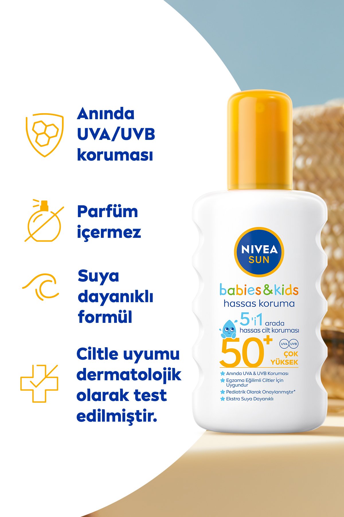 Nıvea SUN SPF50 Çocuklar İçin Hassas Güneş Koruyucu Vücut Spreyi 200ml, UVA Koruması, 5i 1 Arada Bakım