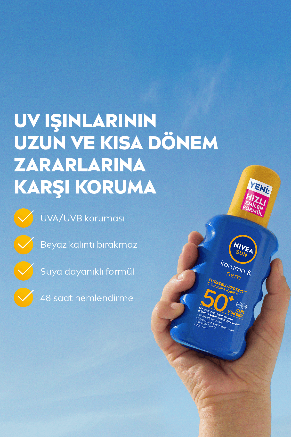 Nıvea SUN SPF50 Yüksek Güneş Koruyucu ve Nemlendirici Vücut Spreyi 200ml, UVA UVB Koruması, Suya Dayanıklı