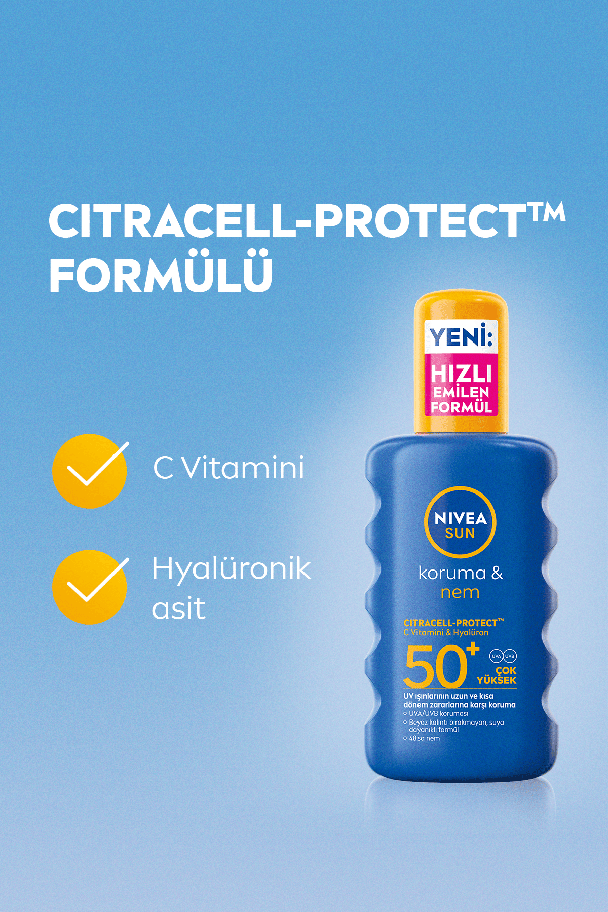 Nıvea SUN SPF50 Yüksek Güneş Koruyucu ve Nemlendirici Vücut Spreyi 200ml, UVA UVB Koruması, Suya Dayanıklı