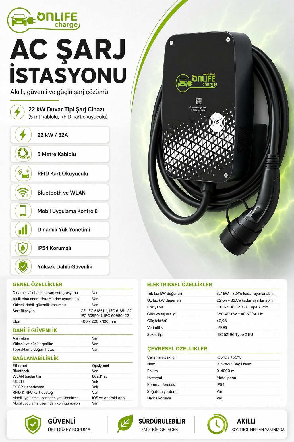 Onlife Wallbox 22 kW Kablolu Elektrikli Araç Şarj İstasyonu 5 mt kablolu, RFID kart okuyuculu 