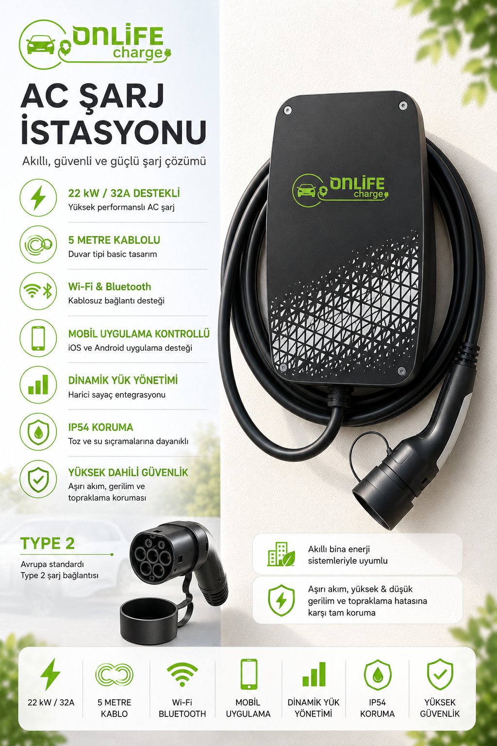 Onlife Wallbox 22 kW Kablolu Elektrikli Araç Şarj İstasyonu 5 Metre Type 2