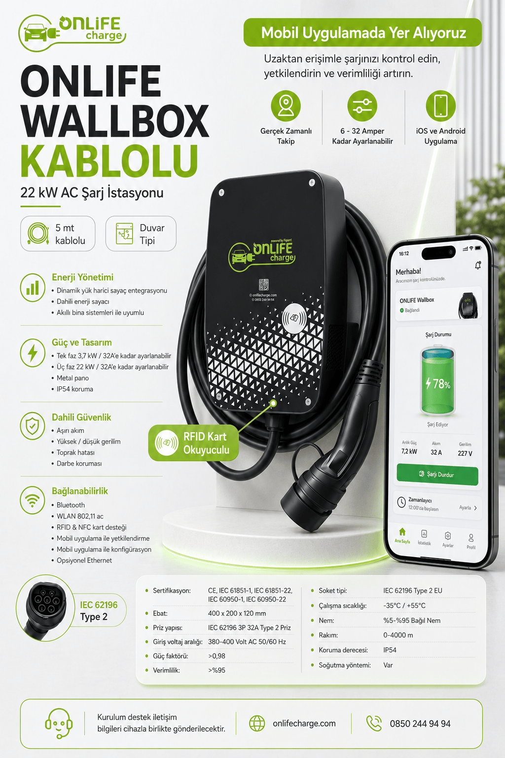 Onlife Wallbox 22 kW Kablolu Elektrikli Araç Şarj İstasyonu 5 mt kablolu, RFID kart okuyuculu 
