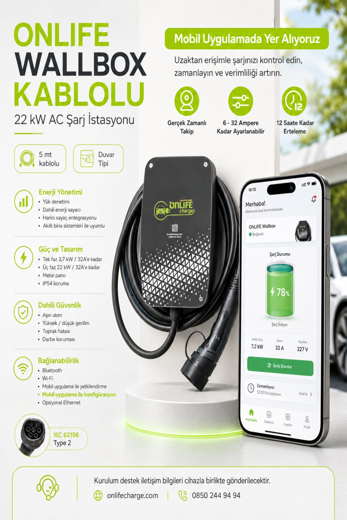 Onlife Wallbox 22 kW Kablolu Elektrikli Araç Şarj İstasyonu 5 Metre Type 2