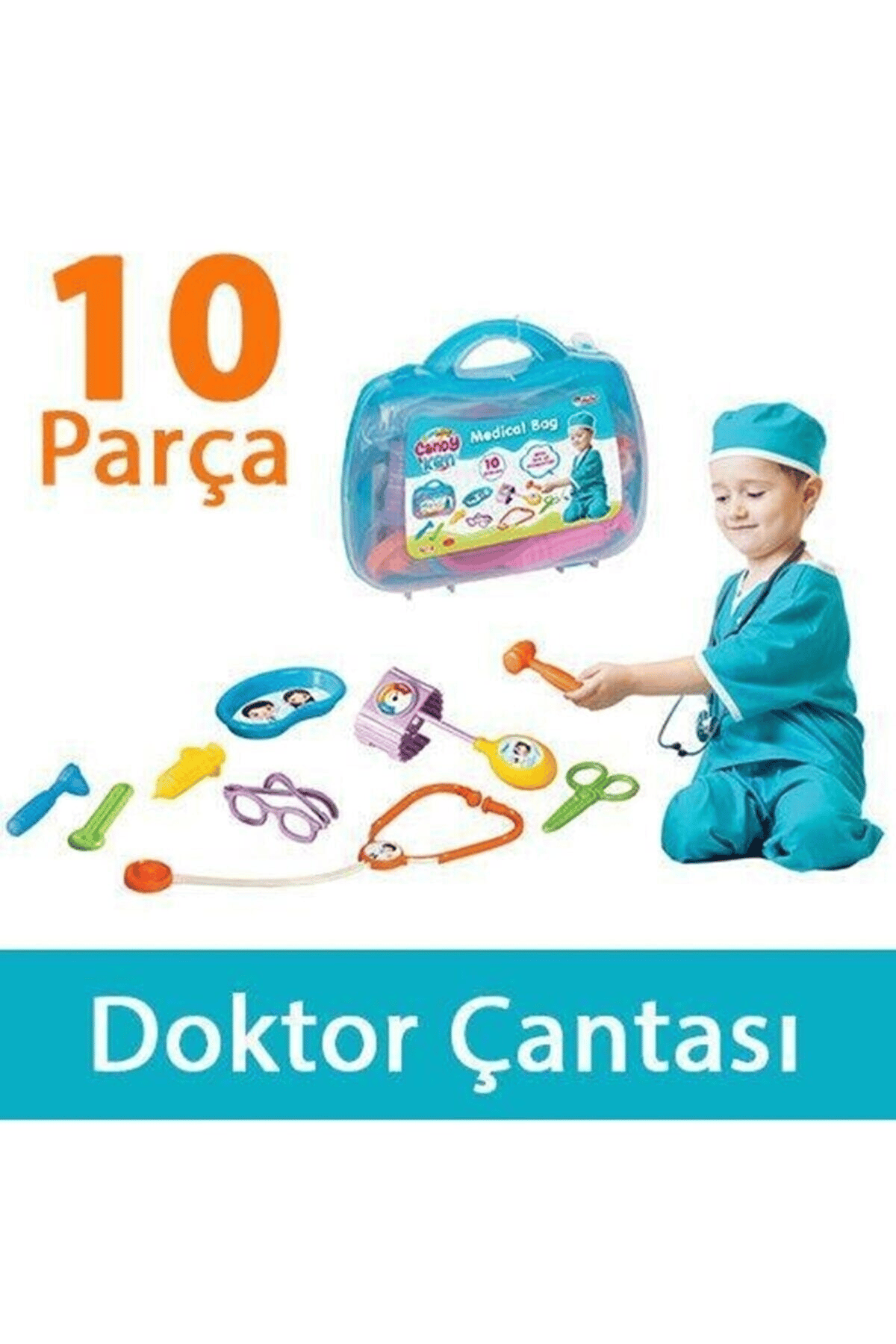 Oyuncak Candy Doktor Çantası Steteskop Çocuk Eğitici Oyun Seti Doktorculuk Mavi