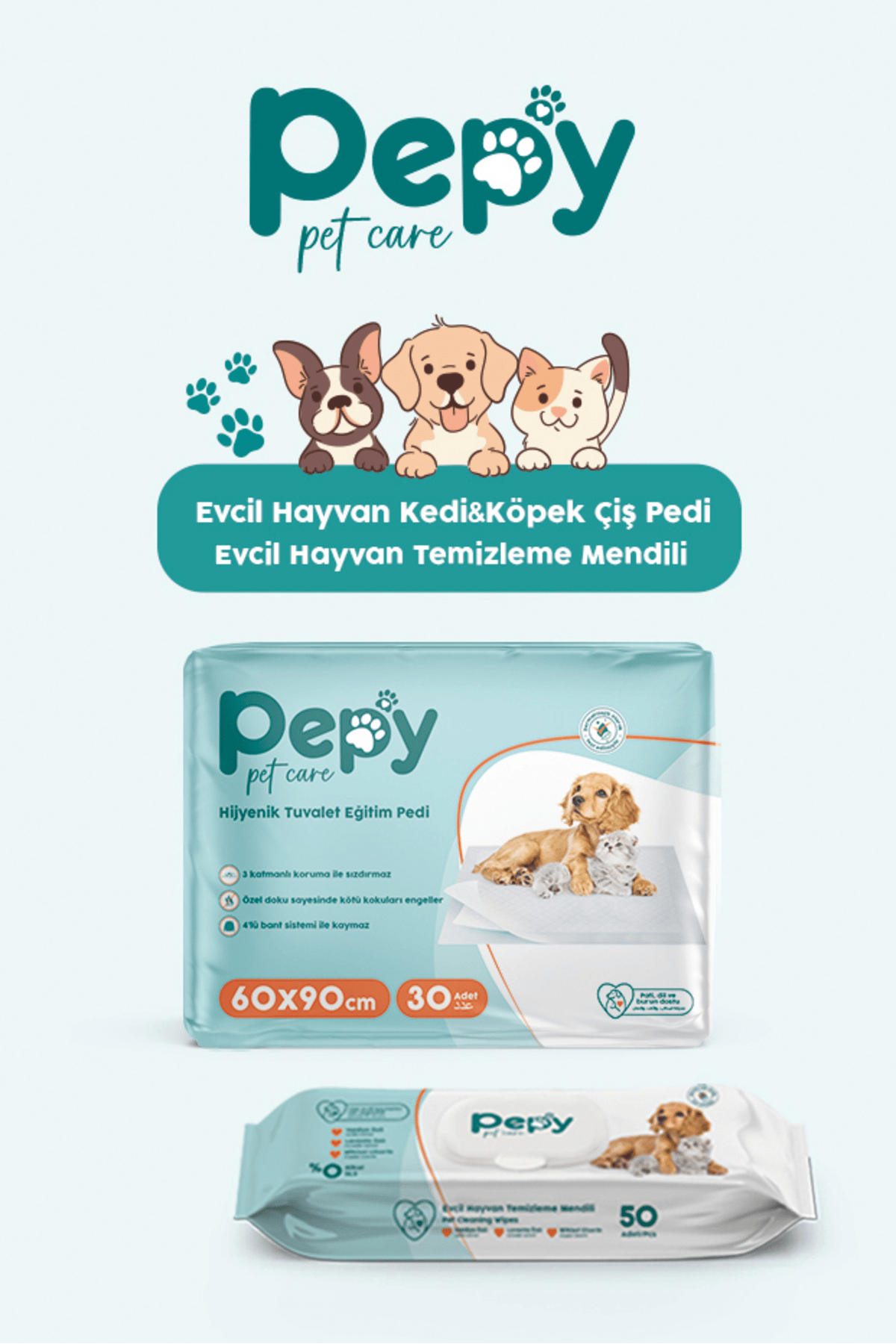 PEPY Hijyenik Yapışkanlı Tuvalet Eğitim Pedi 30'lu x2 Adet + Pepy  Evcil Hayvan Temizleme Mendili 50'li x2 Adet