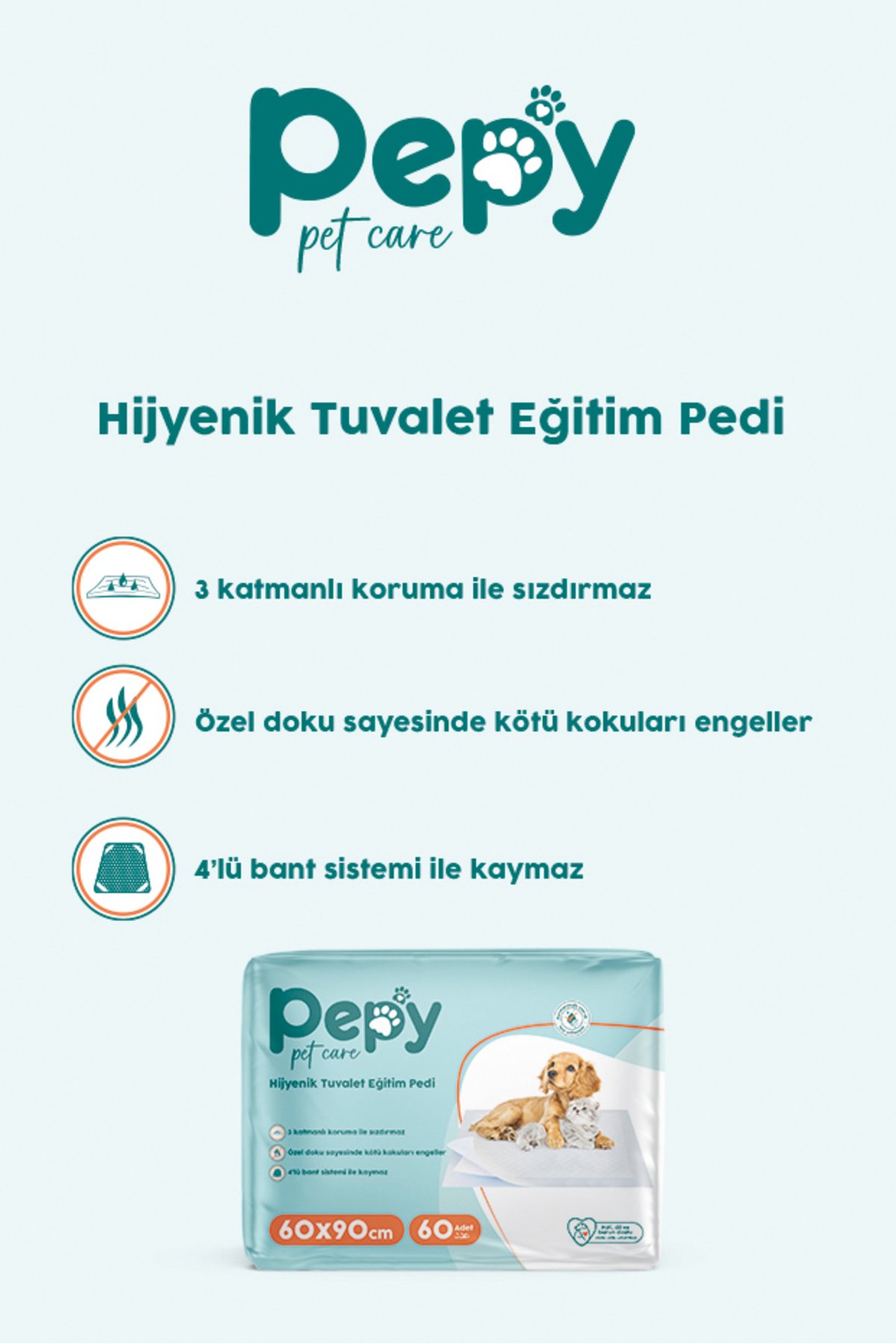 PEPY Hijyenik Yapışkanlı Tuvalet Eğitim Pedi 30'lu x2 Adet + Pepy  Evcil Hayvan Temizleme Mendili 50'li x2 Adet