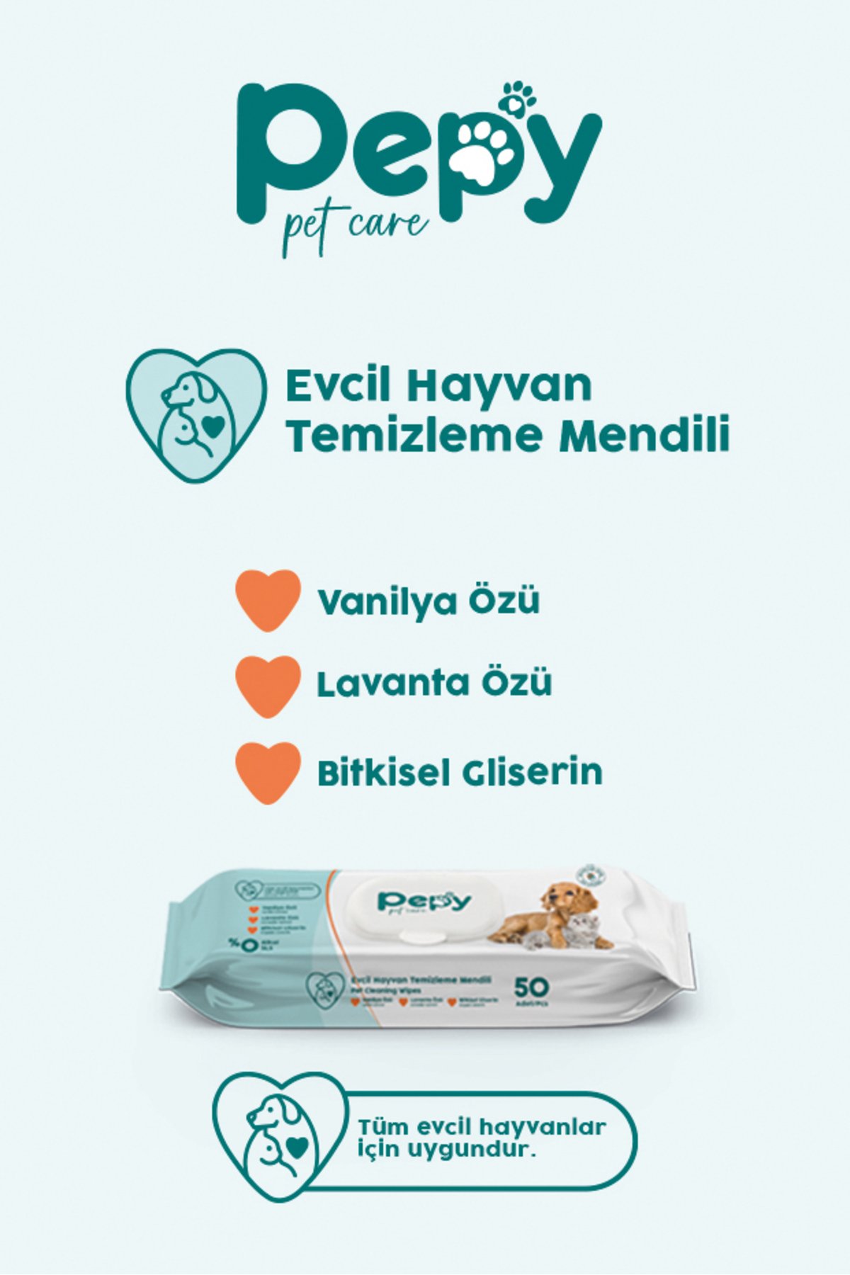 Pepy Kedi Ve Köpek Kullanımına Uygun Evcil Hayvan Temizleme Mendili 50'li