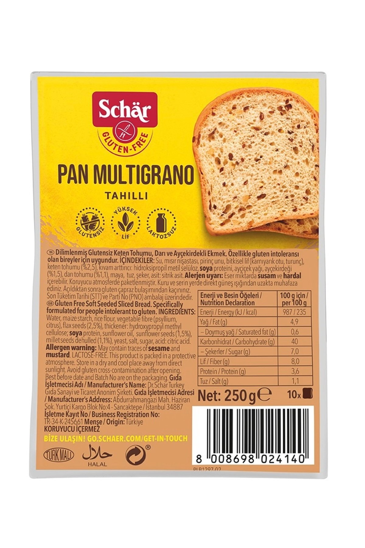 Schar Pan Multigrano Glutensiz Tahıllı Ekmek 250 gr (8 ADET)