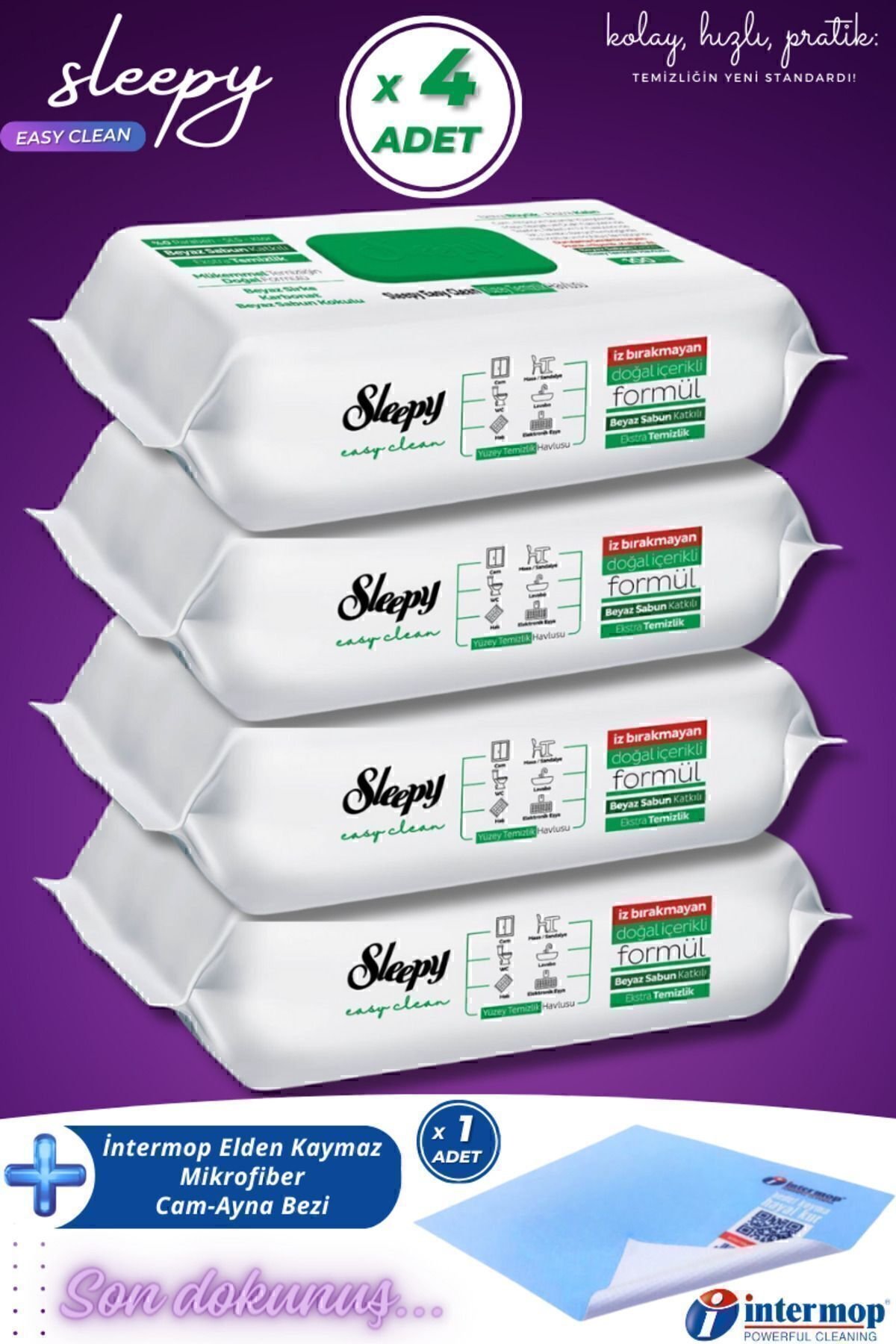 Sleepy Yüzey Temizlik Havlusu Beyaz Sabun (Yeşil) 100 Yaprak x4 Adet