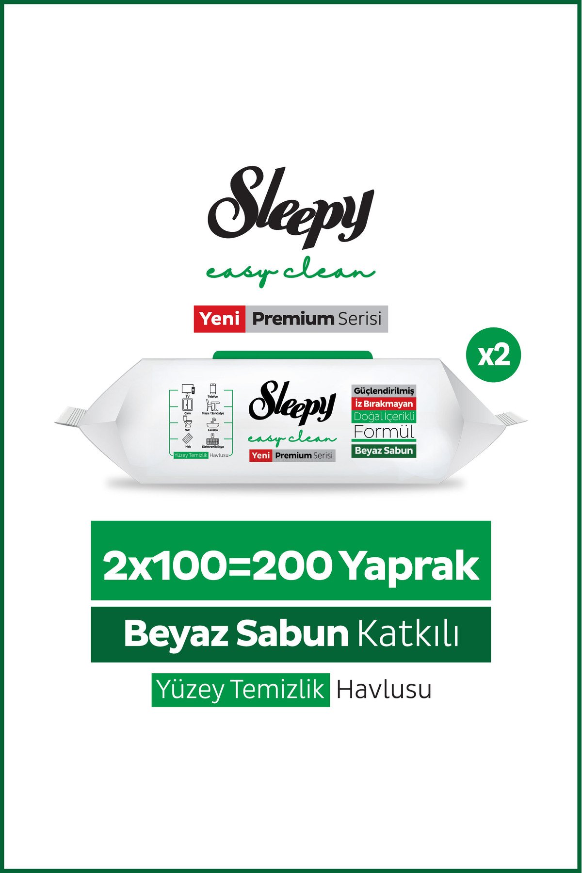 Sleepy Yüzey Temizlik Havlusu Beyaz Sabun (Yeşil)  100 Yaprak x2 Adet