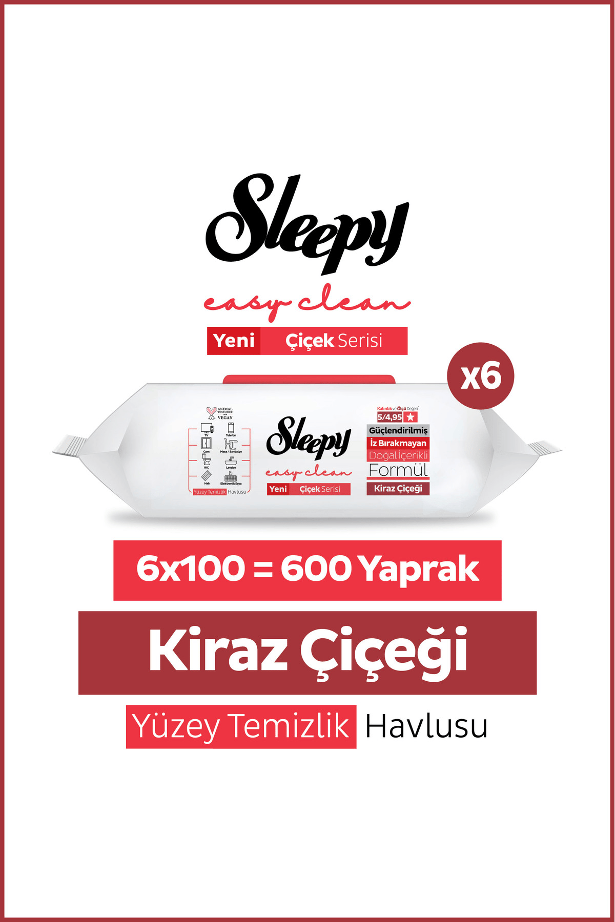 Sleepy Yüzey Temizlik Havlusu Kiraz Çiçeği 100'lü x6 Adet