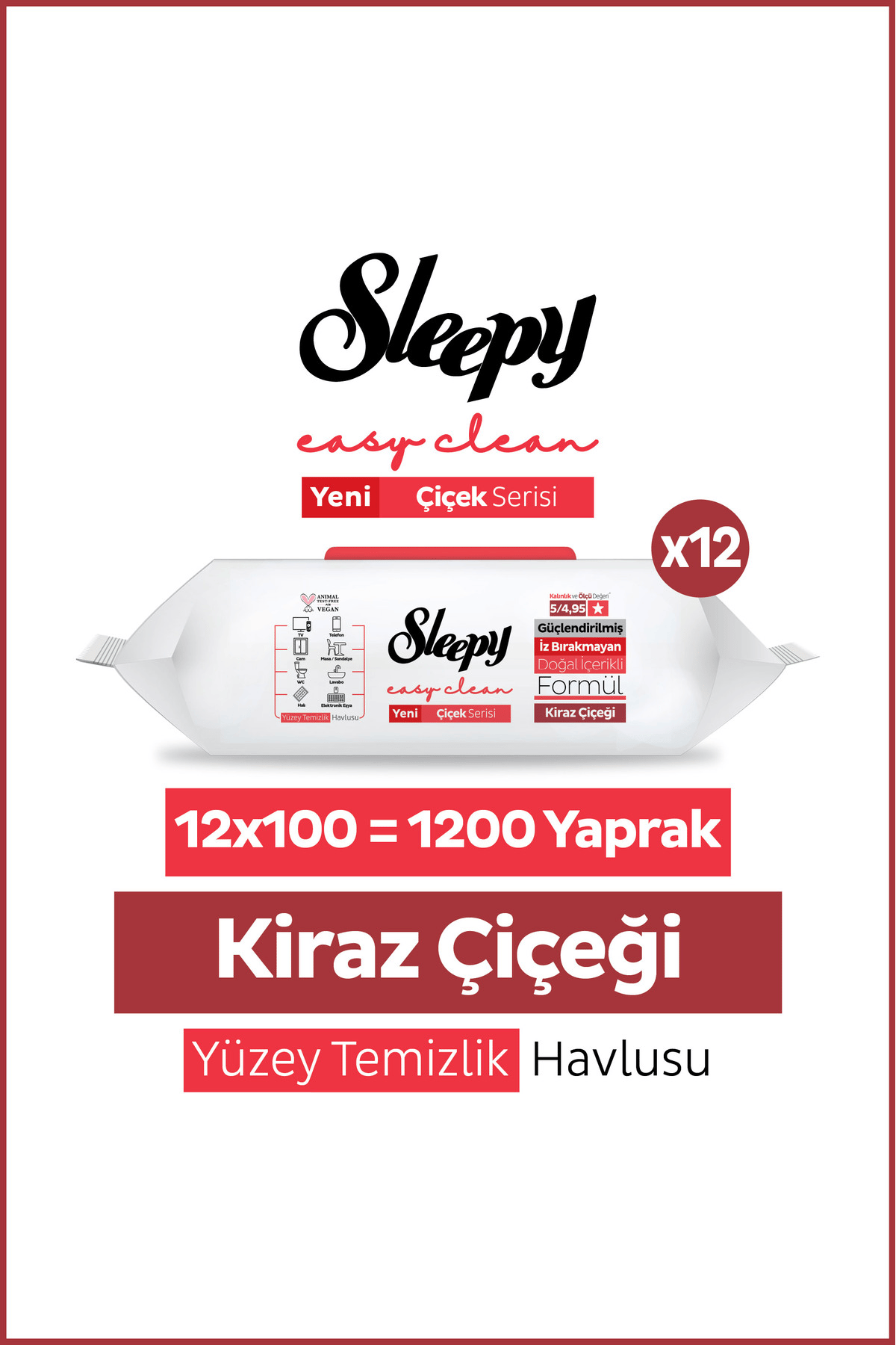 Sleepy Yüzey Temizlik Havlusu Kiraz Çiçeği 100'lü x12 Adet