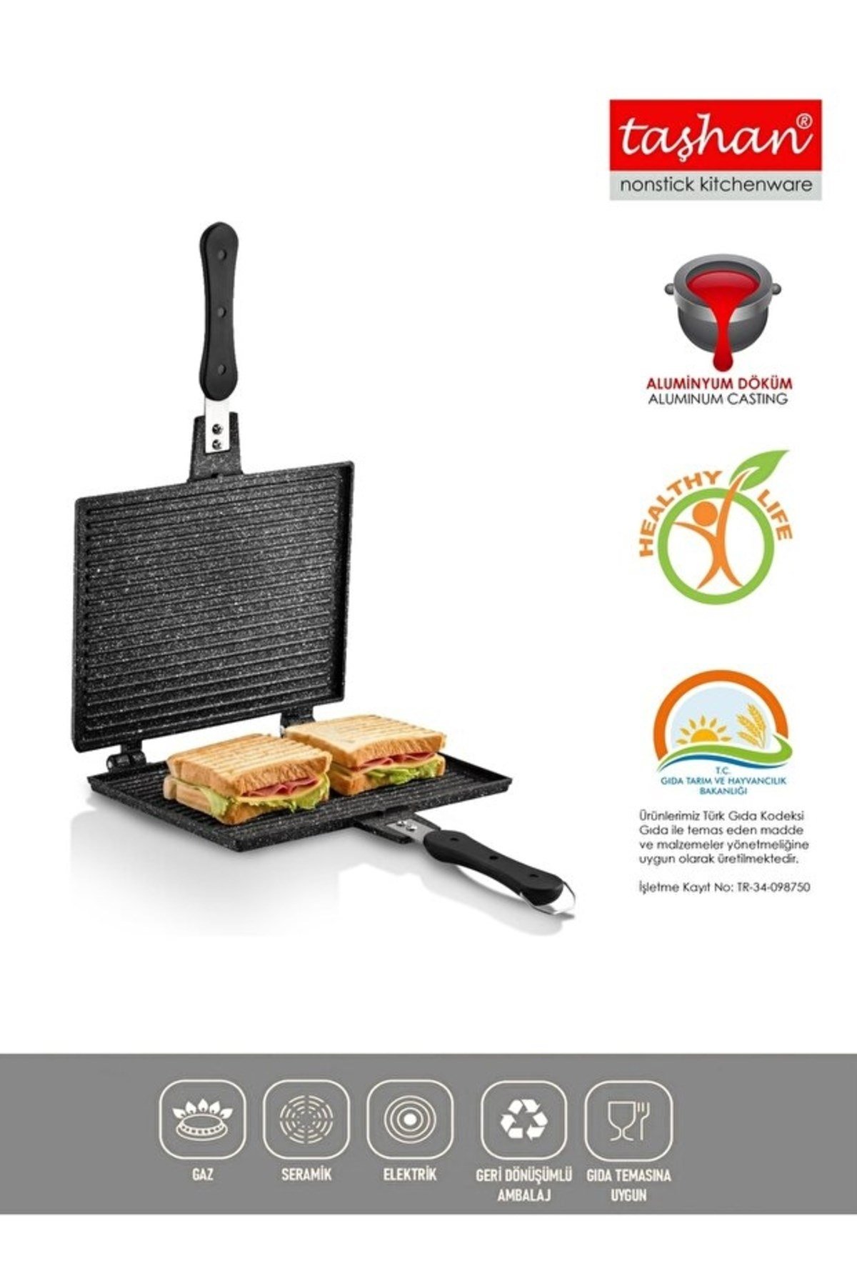 TAŞHAN Ocak Üstü Maxi Döküm Tost Makinesi (26X20CM)