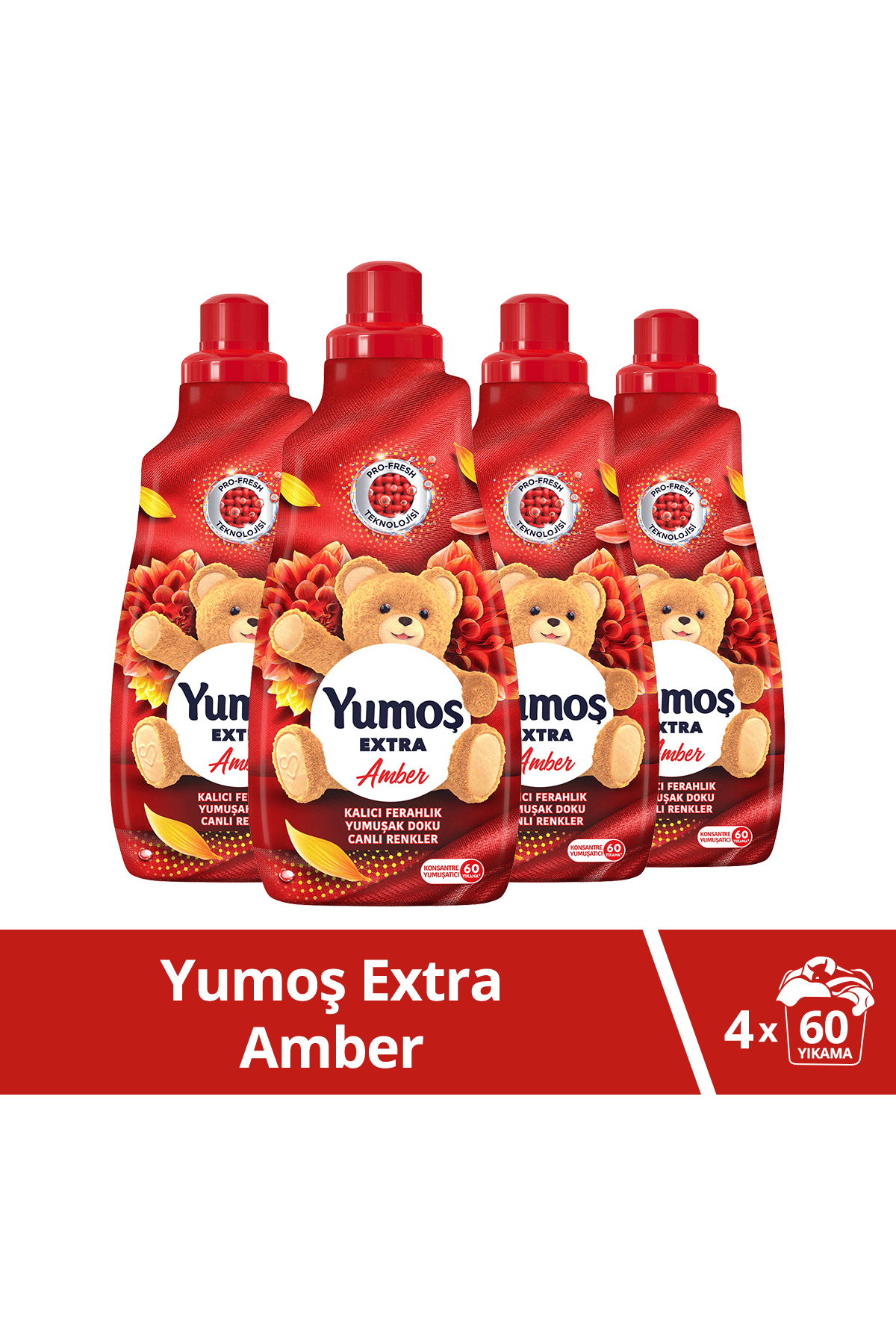 Yumoş Extra Konsantre Çamaşır Yumuşatıcısı Amber (Kırmızı) 1440 ml 60 Yıkama x 4 adet