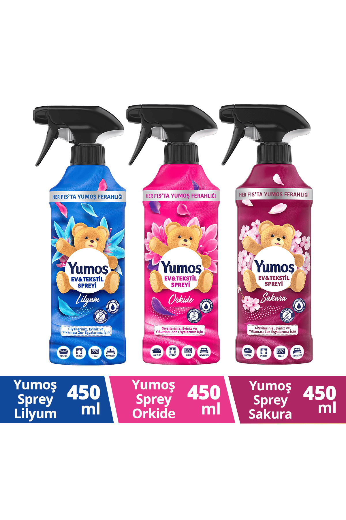 Yumoş Sprey  Lilyum 450 ml + Yumoş Sprey Orkide 450 ml+Yumoş Sprey Sakura 450 ml