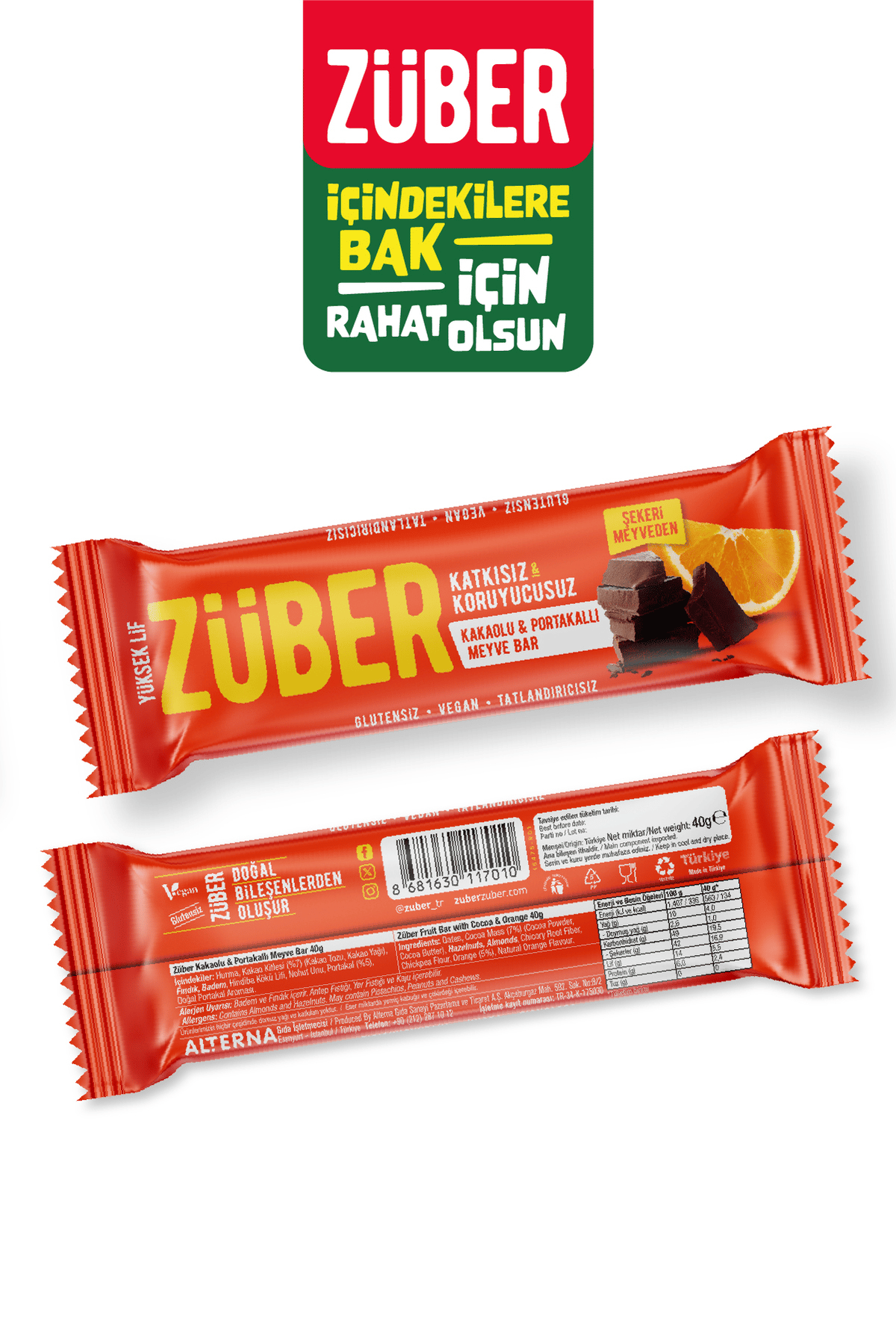 Züber Kakaolu Ve Portakallı Meyve Bar 40 Gr X 12 Adet