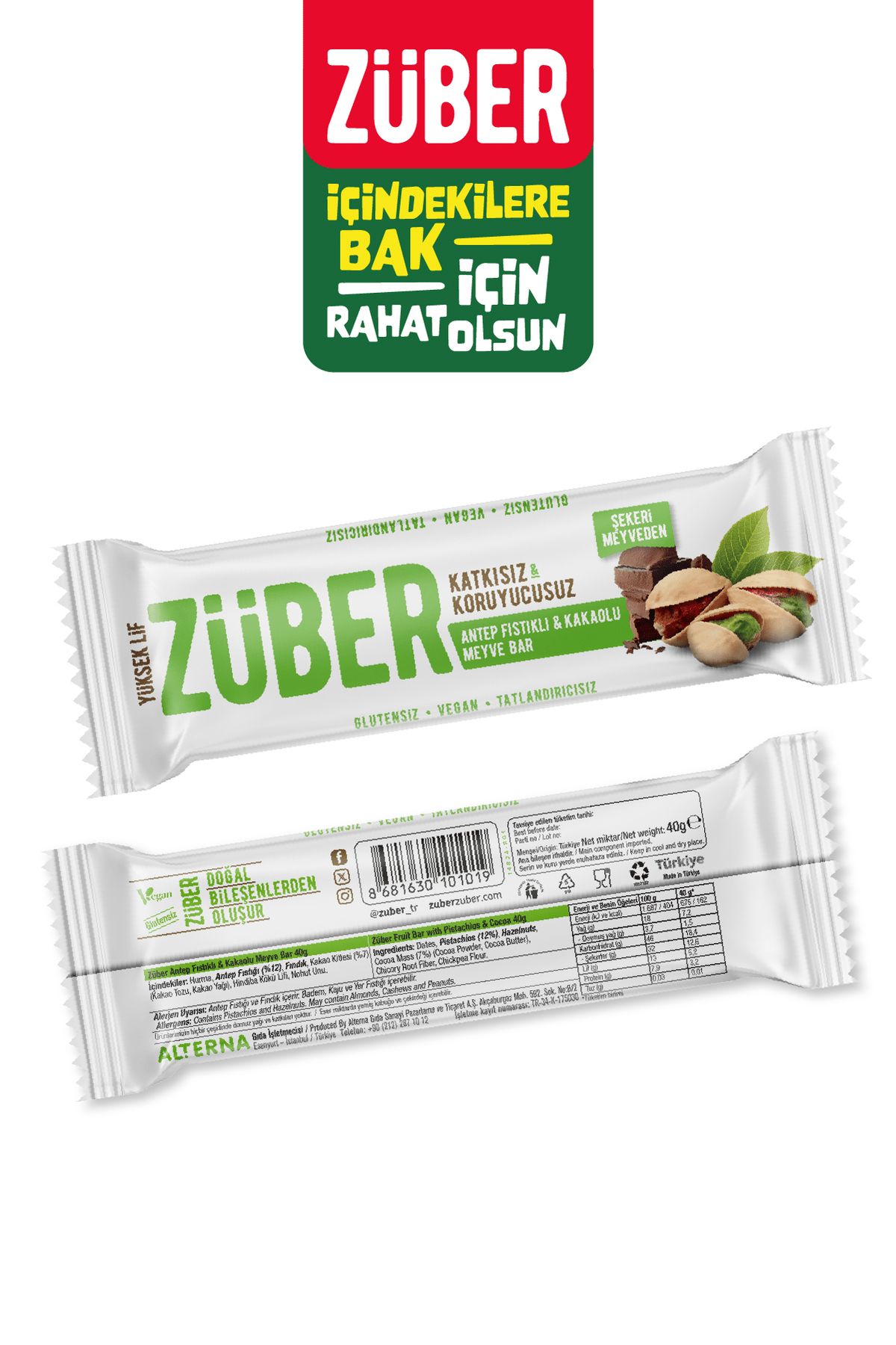 Züber Meyve Bar Antep Fıstıklı Ve Kakaolu 40g X 12 Adet
