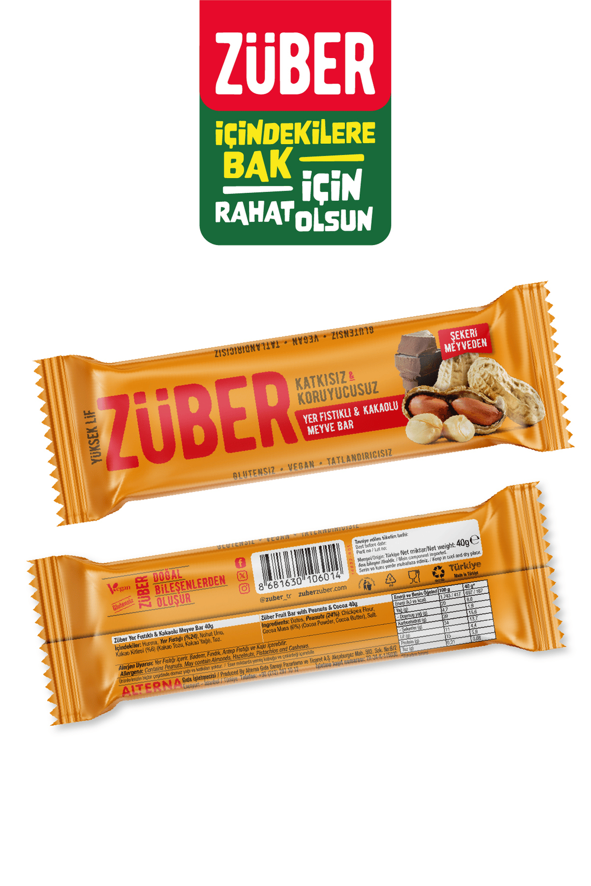 Züber Yer Fıstıklı Ve Kakaolu Meyve Bar 40g X 12 Adet