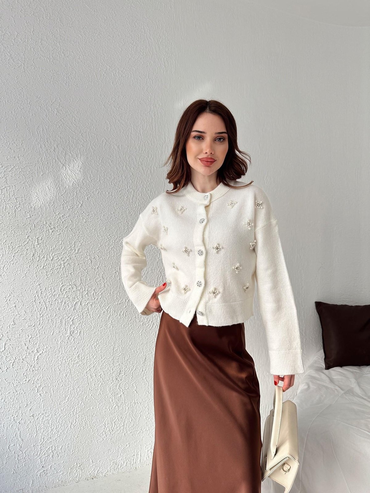 Taş İşlemeli Hırka EKRU