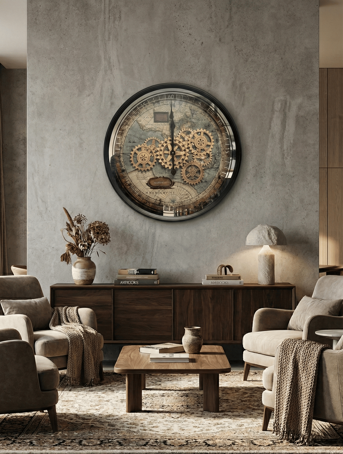 60 cm Steampunk Dişli Mekanizmalı Vintage Dünya Haritası Duvar Saati