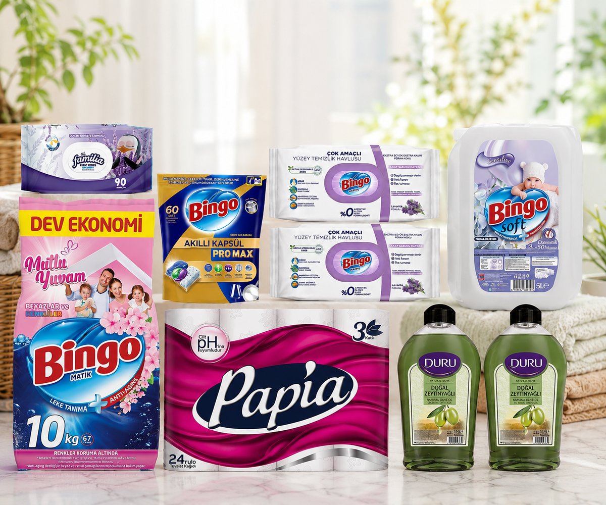 Bingo Mega Ev Temizlik ve Kişisel Bakım Seti | Kapsül, Deterjan, Yüzey Havlusu, Yumuşatıcı, Tuvalet Kağıdı, Sıvı Sabun