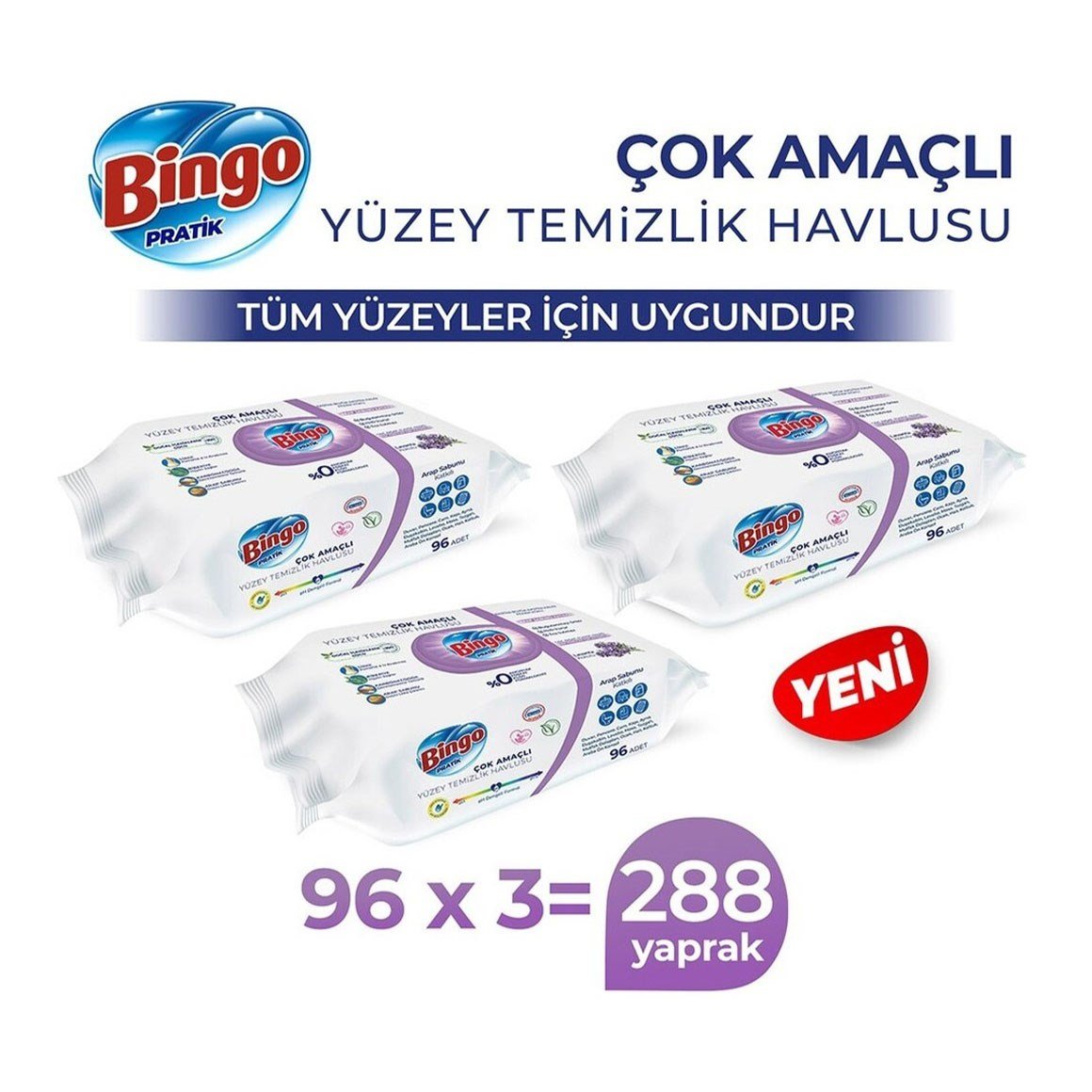 Bingo Yüzey Temizlik Havlusu Lavanta 3 x 96'lı
