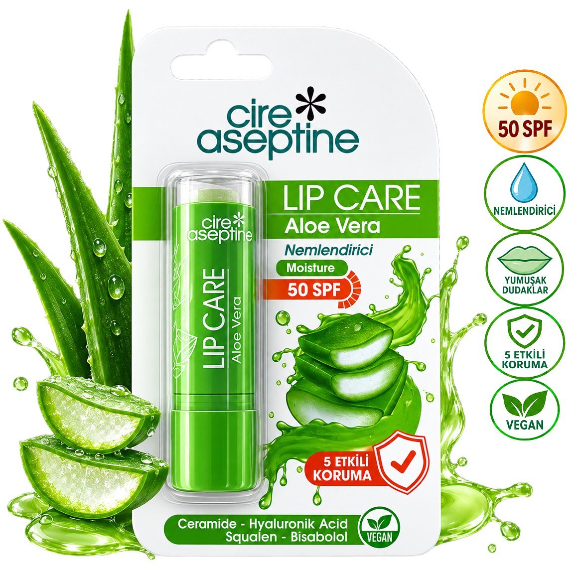 Cire Aseptine Lip Care Aloe Vera SPF 50 Nemlendirici Dudak Bakım Kremi 4,5 g