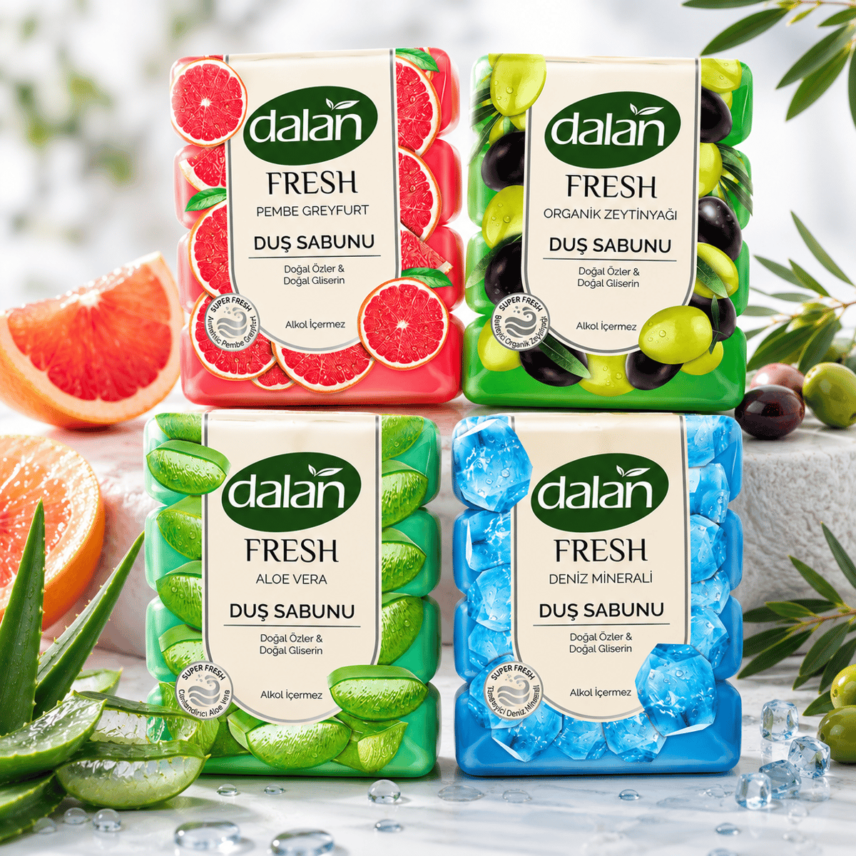 Dalan Fresh Karma Duş Sabunu Seti 6000 G (150 G x 16 Adet) - Deniz Minerali, Organik Zeytinyağlı, Aloe Vera, Pembe Greyfurt