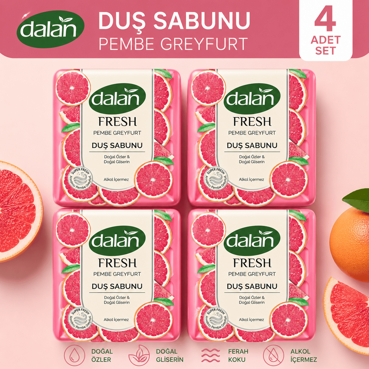 Dalan Fresh Pembe Greyfurt Duş Sabunu 600 G (150g x 4) 4'lü Set