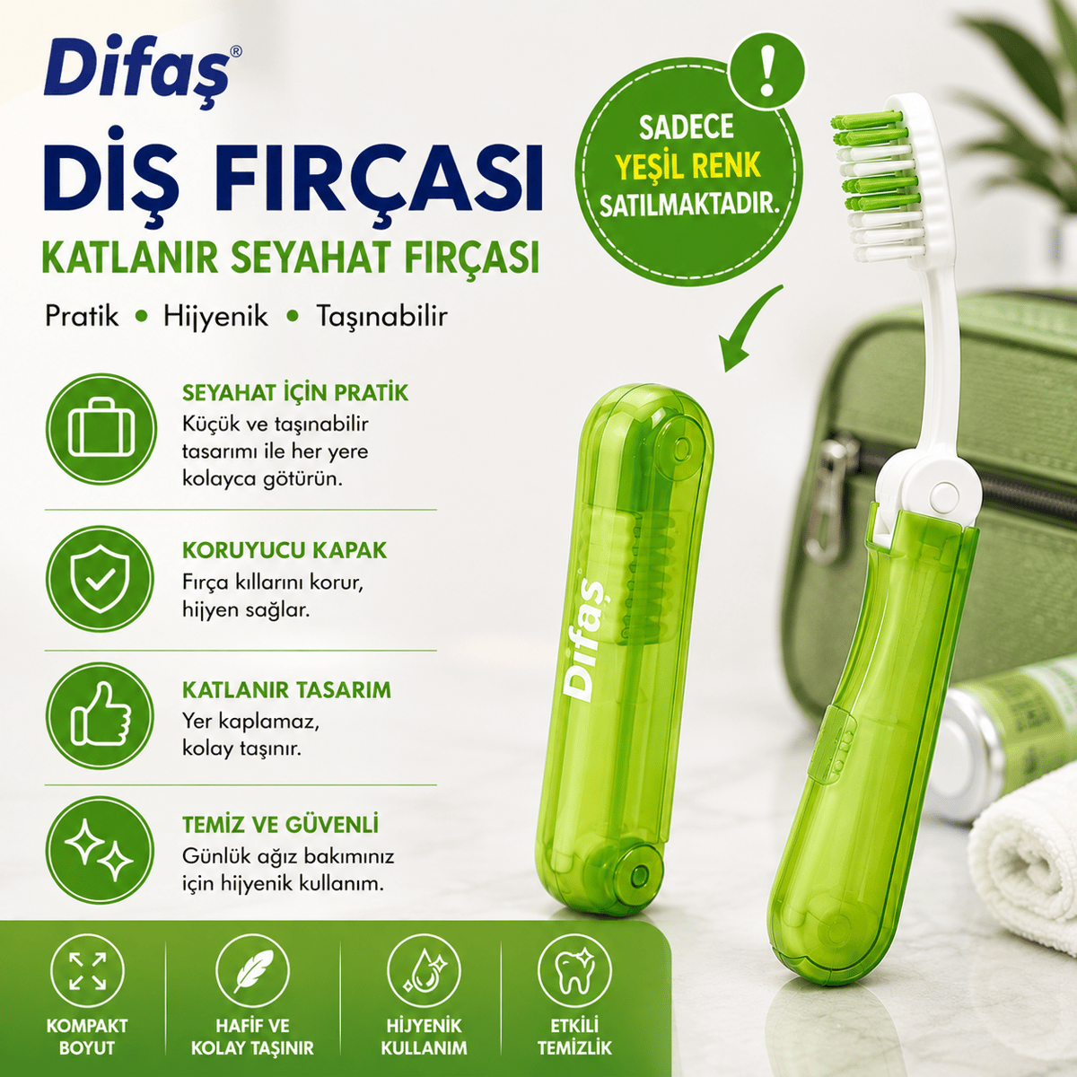 Difaş Diş Fırçası Katlanır Seyahat Fırçası 1 Adet Yeşil