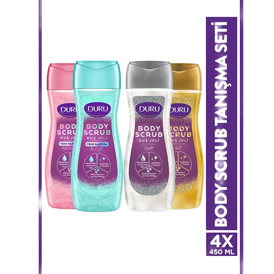 Duru Body Scrub Duş Jeli Tanışma Seti 4x450ml (Gold, Crystal, Pink, Ice)