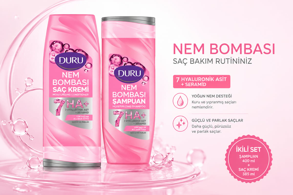 Duru Nem Bombası Güçlü & Parlak Şampuan 400 ml + Saç Kremi 385 ml Bakım Seti (2'li Set)