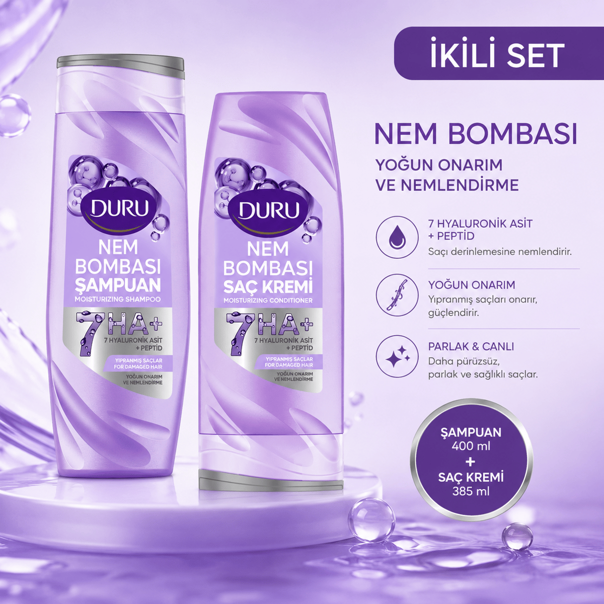 Duru Nem Bombası Yoğun Onarım Şampuan 400 ml + Saç Kremi 385 ml Bakım Seti (2'li Set)