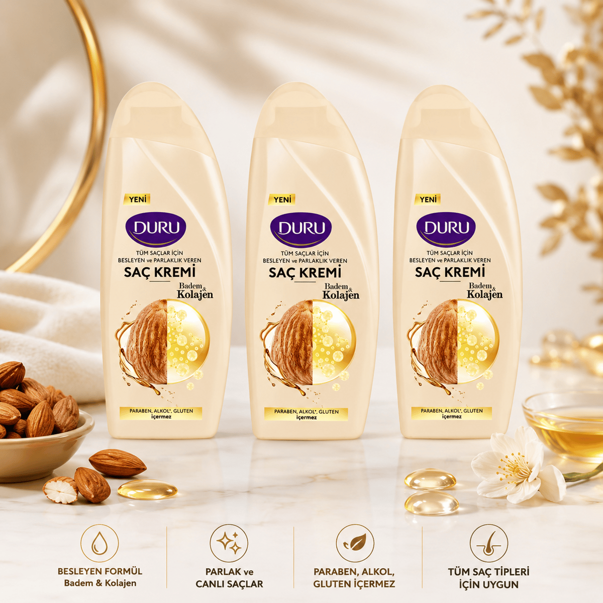 Duru Saç Kremi Badem ve Kolajen 500 ml 3'lü Set (3 x 500 ml)