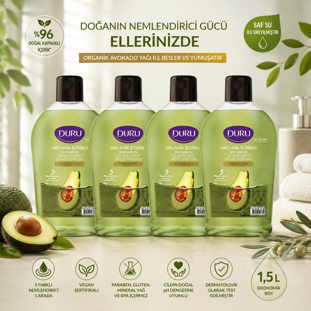 Duru Sıvı Sabun Organik İçerikli Avokado 1,5 litre 4 adet
