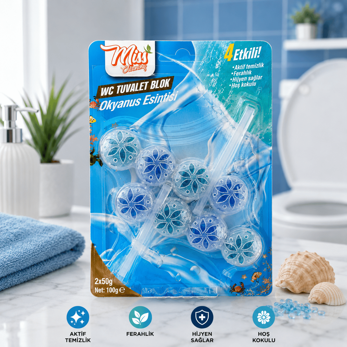 Miss Cleaning WC Tuvalet Blok 4 Etki 2×550 gr – Okyanus Esintisi