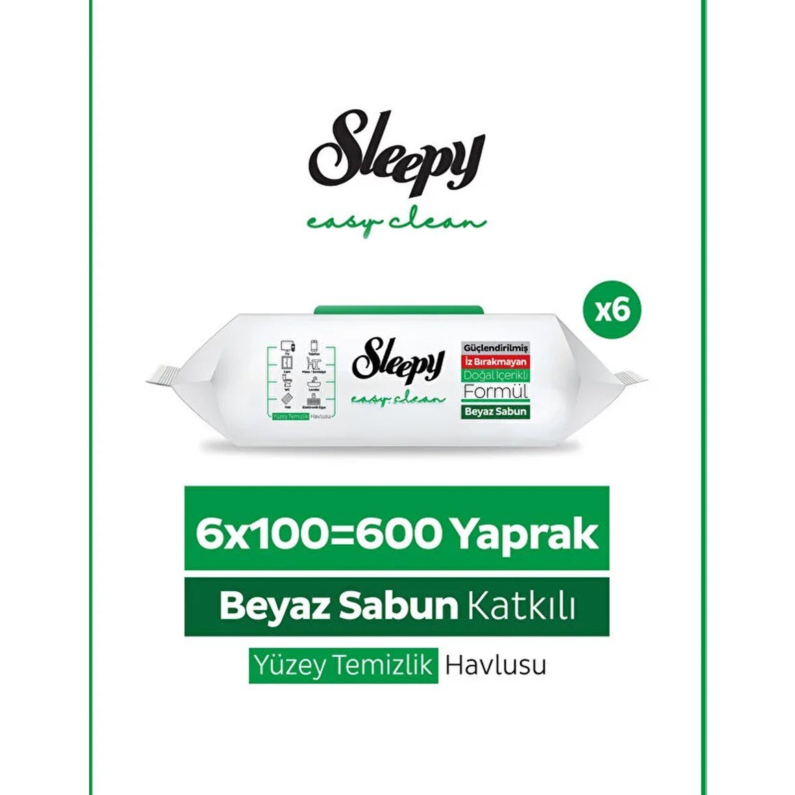 Sleepy Easy Clean Beyaz Sabun Katkılı Yüzey Temizlik Havlusu 600 Yaprak (100'lü 6 adet)