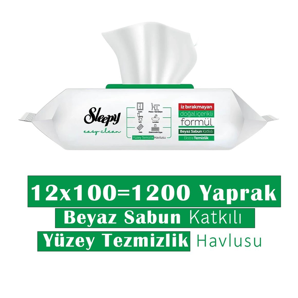Sleepy Easy Clean Beyaz Sabun Katkılı Yüzey Temizlik Havlusu 12 Adet (1200 Yaprak)