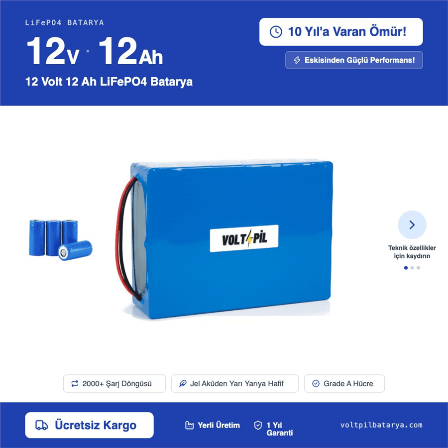 12 Volt 12 Ah LiFePO4 Batarya