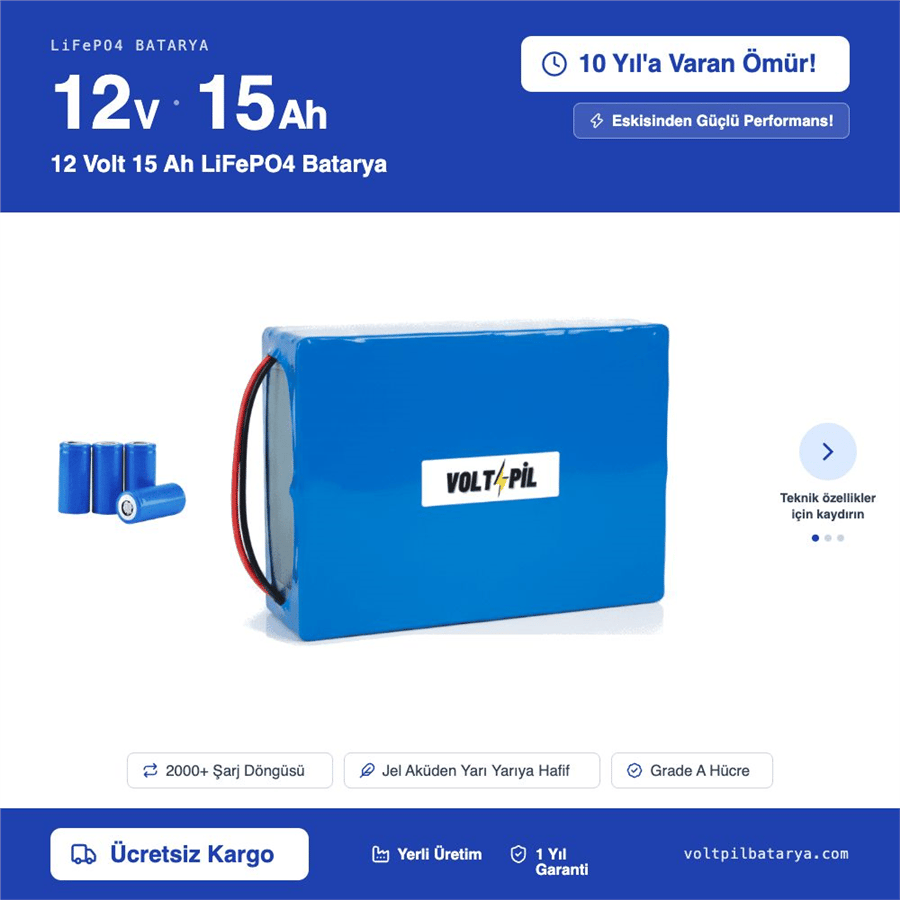 12 Volt 15 Ah LiFePO4 Batarya
