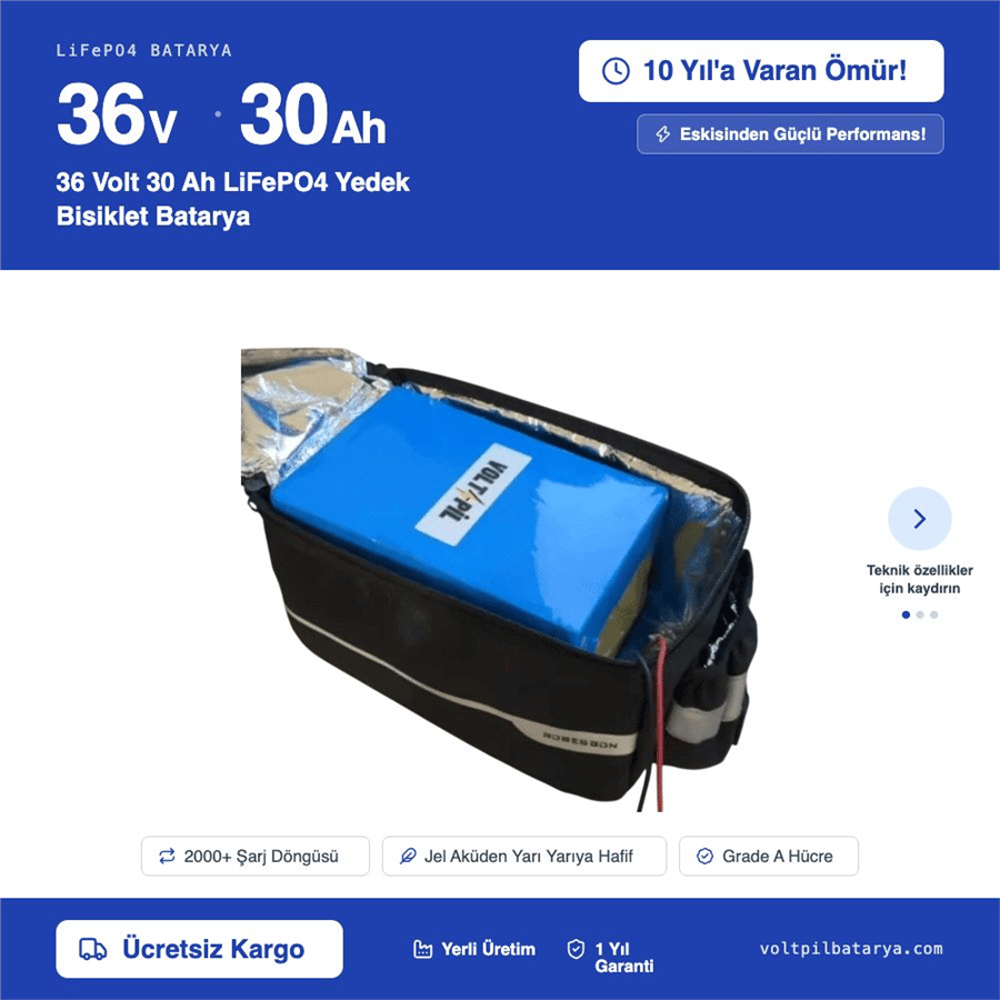 36 Volt 30 Ah LiFePO4 Yedek Bisiklet Batarya