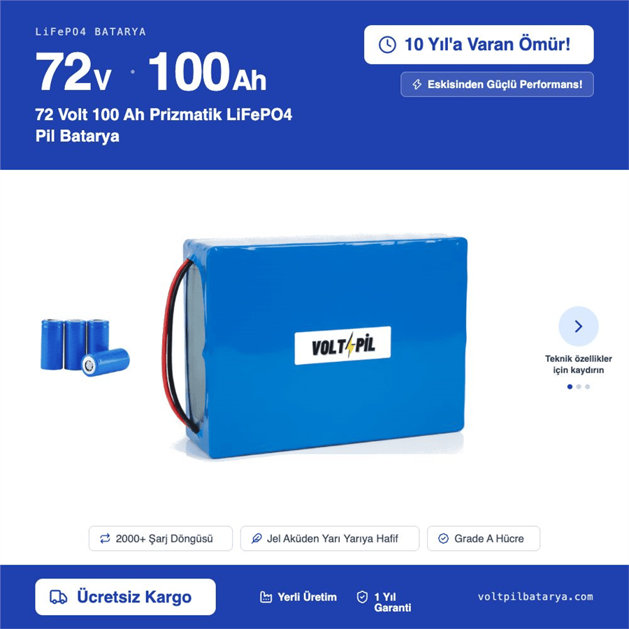 72 Volt 100 Ah Prizmatik LiFePO4 Pil Batarya