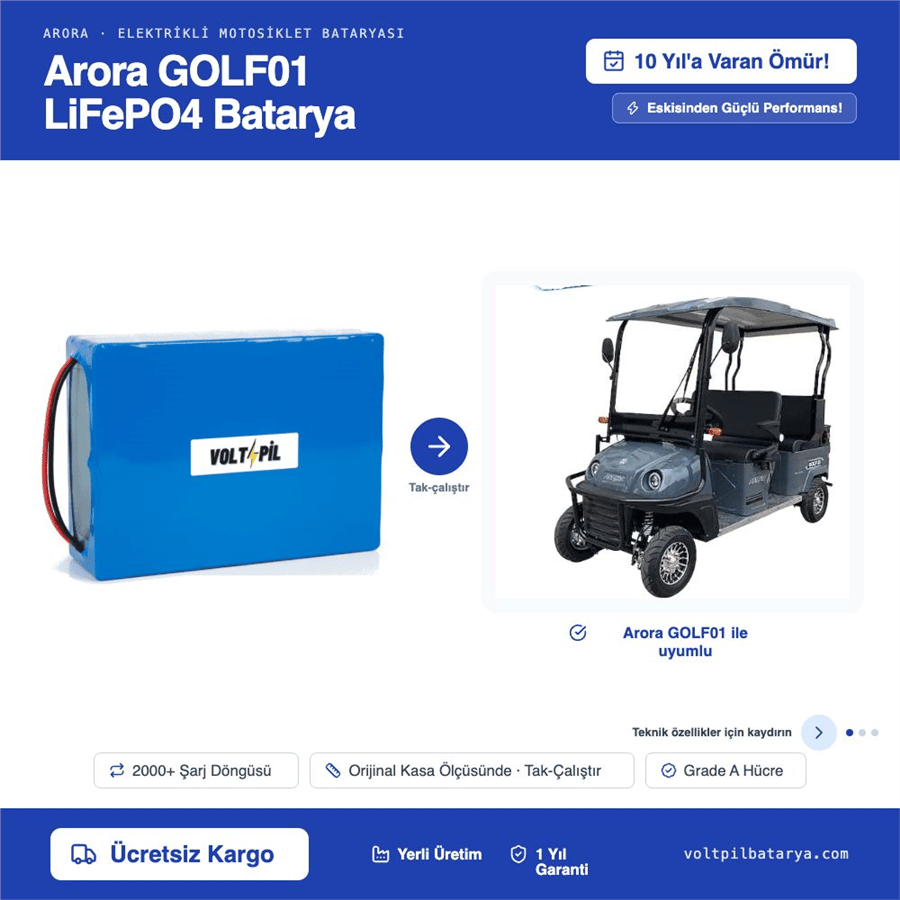 Arora GOLF01 Lityum Bluetoothlu LiFePO4 Bataya