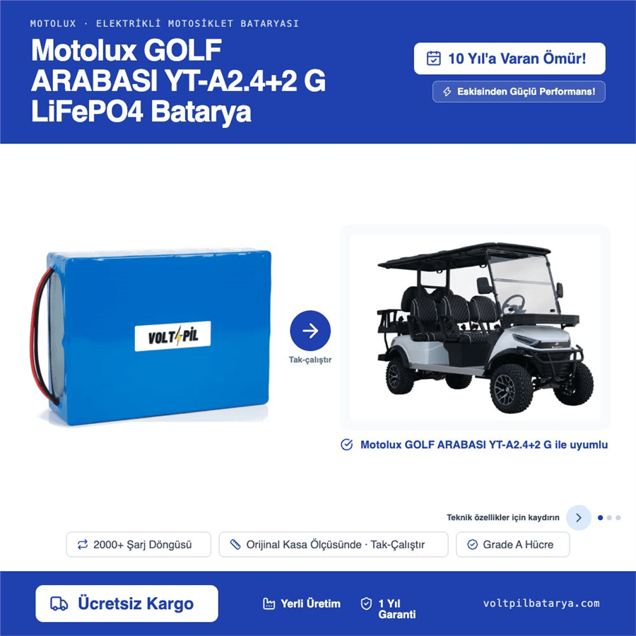 Motolux GOLF ARABASI YT-A2.4+2 G Lityum Bluetoothlu LiFePO4 Bataya