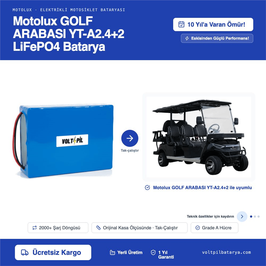 Motolux GOLF ARABASI YT-A2.4+2 Lityum Bluetoothlu LiFePO4 Bataya